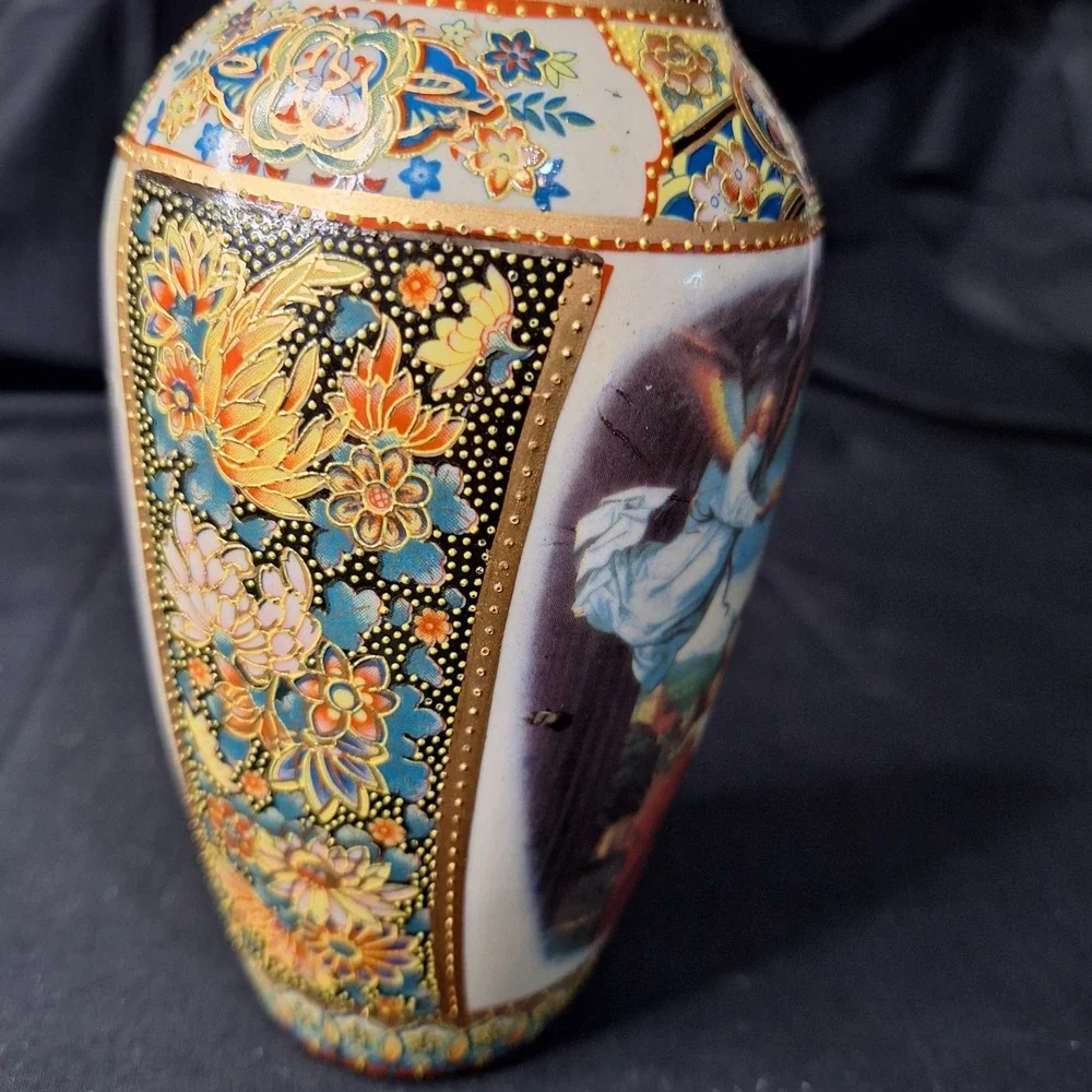 Vintage Satsuma Style Moriage Vase Madonna and Child Angels Gold Gilt Floral 8.5
